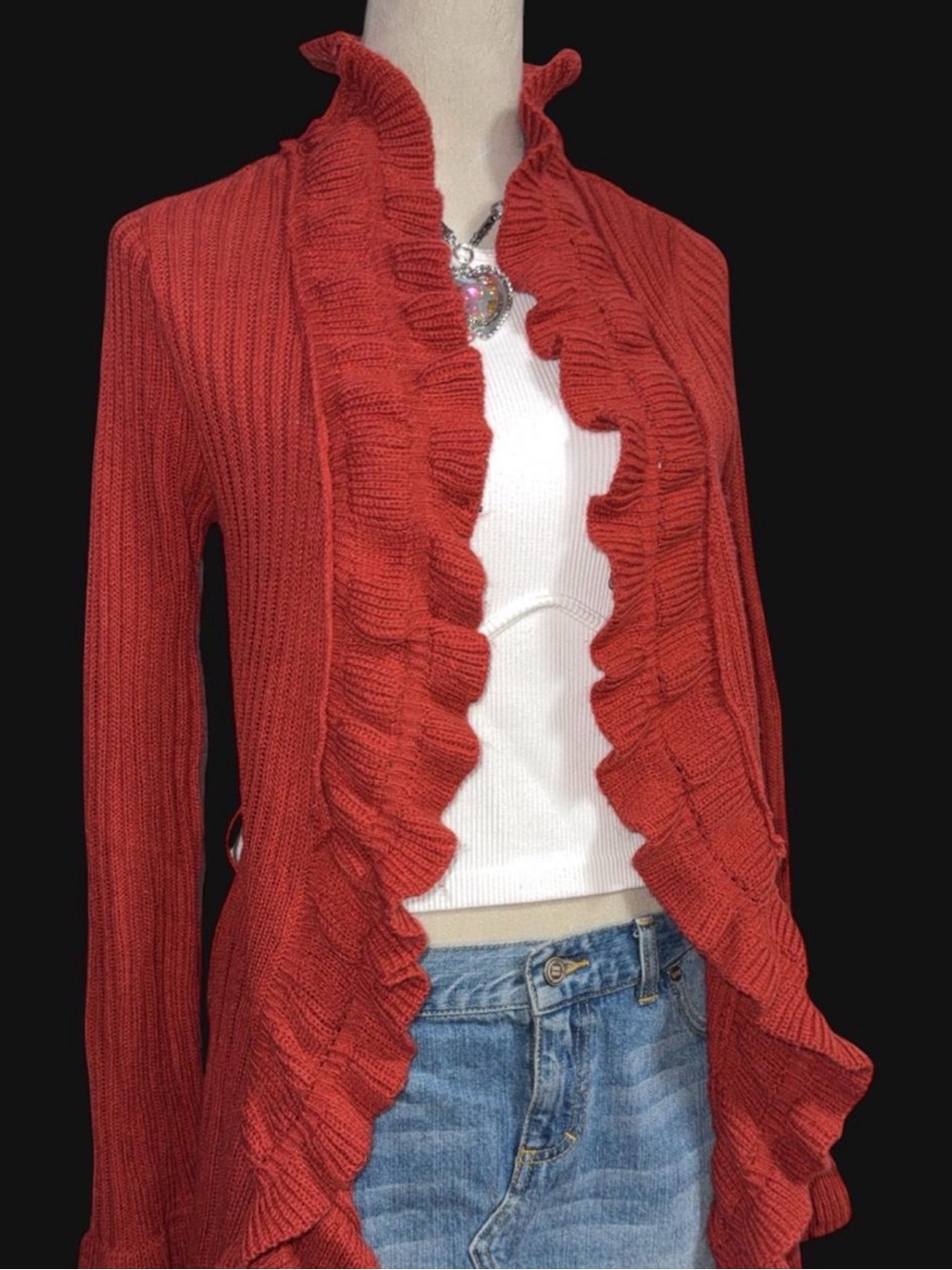2B Bebe Rust Ruffle-Trim Open Tie-Front Cardigan - Picture 2 of 5